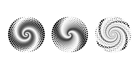 Set of black dotted vortex shapes. Geometric art. Halftone dots. Trendy design element for logo, tattoo, sign, symbol, web, prints, posters, social media, template, pattern, abstract backdrop