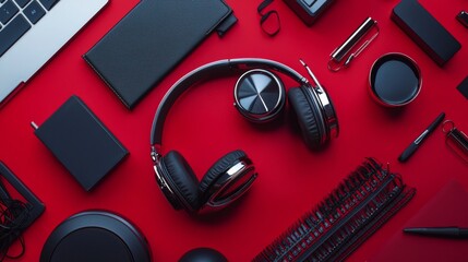 Flat lay of modern tech and accessories on red background