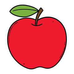 Hand drawn cartoon red apple with a green leaf on a white background.