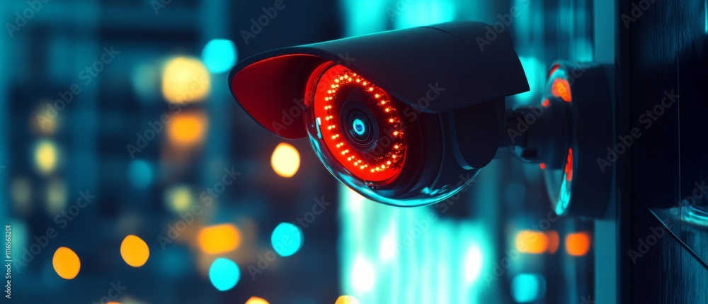 Poster security camera mounted on a wall with red led lights and a bokeh background
