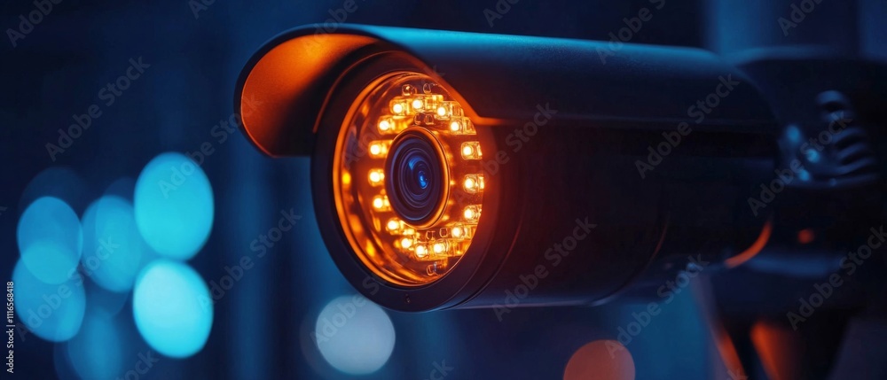 Poster a security camera with infrared leds illuminating in a dark setting