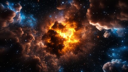 Obraz premium Cosmic Explosion in Deep Space - A vibrant explosion of stars and gases in the cosmos, with fiery orange and dark clouds amidst sparkling celestial bodies capturing the essence of a stellar formation.