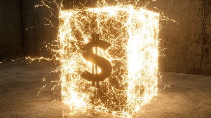 A glowing cube with a dollar sign, surrounded by sparks and light, symbolizing wealth and energy.