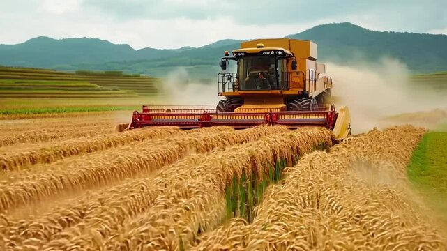 A modern approach to rice harvesting using a combine harvester in action cutting and harvesting rice on a large plantation, demonstrating efficiency and manufacturability.