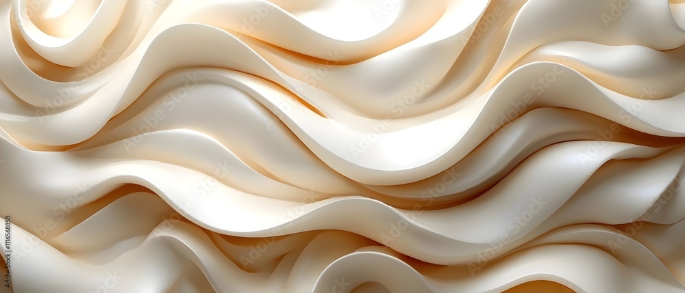 Poster an abstract composition featuring fluid, wavy textures in soft cream tones, creating a serene and el