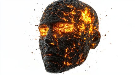 Abstract male head with glowing fiery elements and a dark wireframe structure.