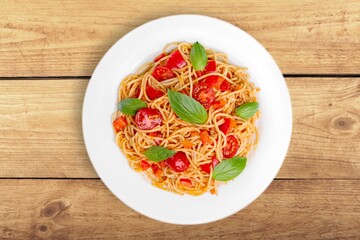 Tasty creamy pasta with cheese in plate.