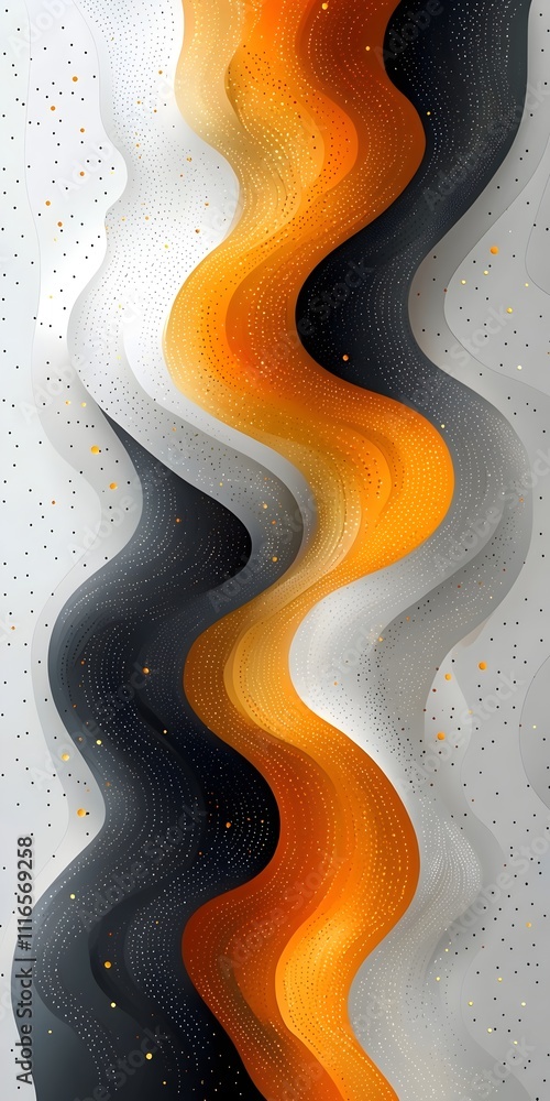 Poster an abstract composition of flowing waves in orange, black, and white hues, creating a dynamic visual