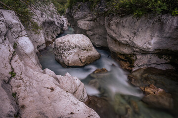 The incredible wild nature and beauty of pure and cold river Soča in Triglav National Park,...