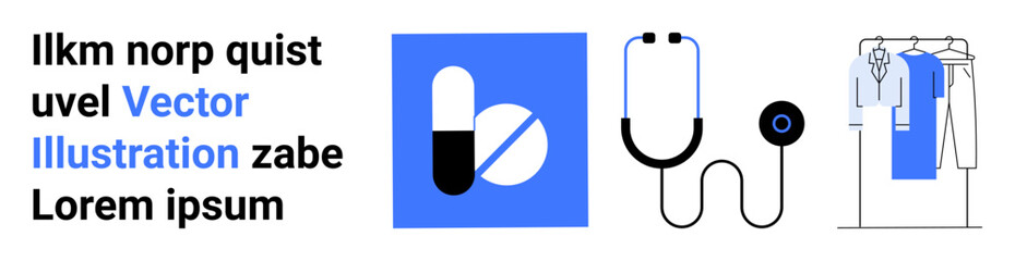 Three main elements include medical pills, a stethoscope, and a clothing rack with garments. Ideal for healthcare, medicine, fashion, pharmacy, diagnostics wellness retail. Landing page