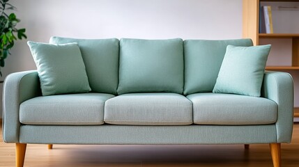 Cozy Mint Green Sofa in Modern Living Room - A stylish mint green sofa with fluffy cushions creates an inviting atmosphere in a contemporary living space, perfect for relaxation and comfort.