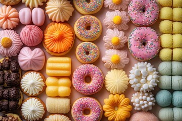 A colorful and delicious assortment of pastel-colored donuts, pastries, and cookies, arranged in a grid pattern on a light pink background.