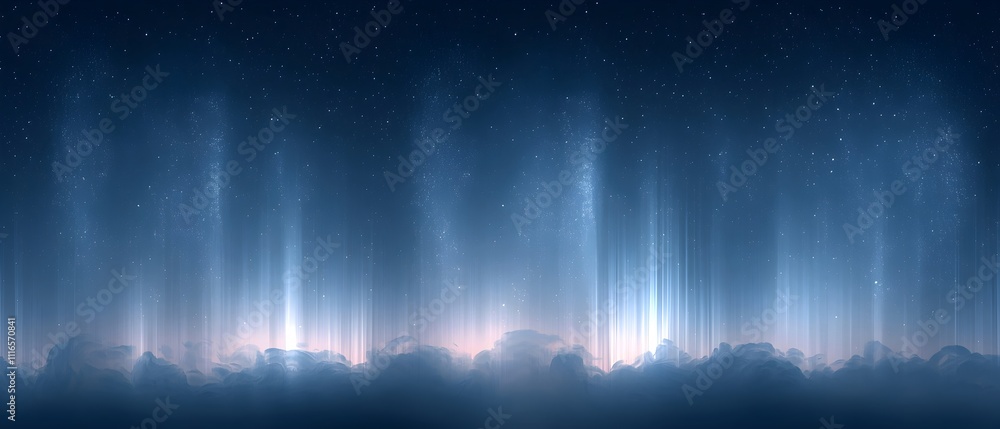 Poster a mesmerizing night sky filled with stars and ethereal light beams illuminating a layer of soft clou