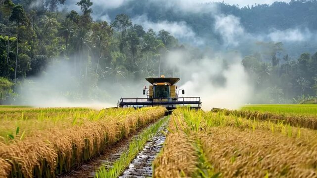 A modern approach to rice harvesting using a combine harvester in action cutting and harvesting rice on a large plantation, demonstrating efficiency and manufacturability.