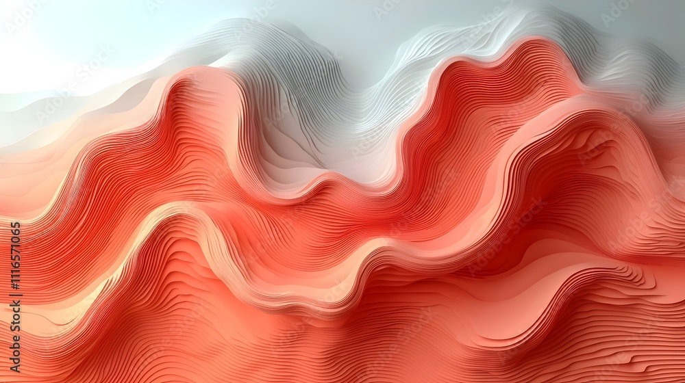 Poster an abstract composition featuring flowing waves of soft coral and white colors, creating a serene an
