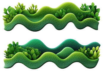 Green wavy shapes with textured surface and leafy plants