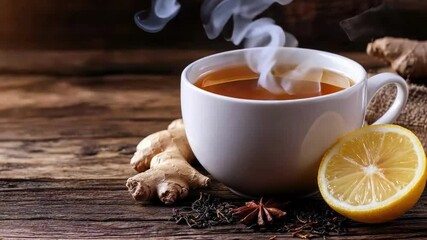 White hot cup of tea, dried tea leaves, a piece of lemon and ginger lie nearby, on a wooden background, copy space. banner - Powered by Adobe