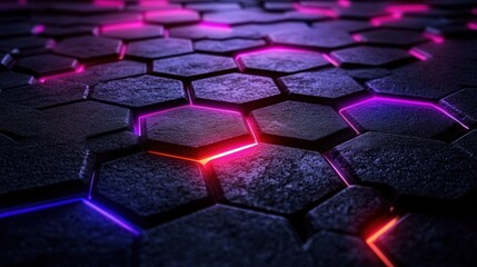 Obraz premium Abstract dark hexagonal pattern with neon lights.