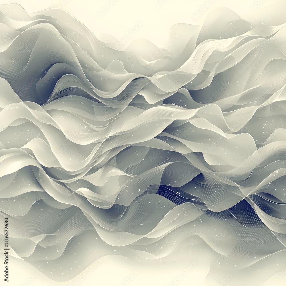 Poster an abstract composition featuring flowing, delicate waves in shades of gray and white, creating a se