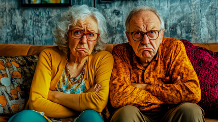 Unhappy married couple in their 60s, sitting on a couch with exaggerated annoyed expressions, styled in a comedic and light-hearted manner.