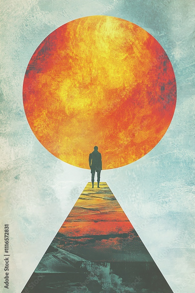 Poster a figure standing at the edge of a floating bridge that leads to a glowing galaxy.
