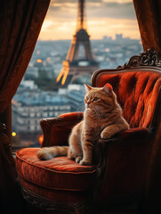 A luxurious orange cat lounging in an elegant armchair with a stunning view of the Eiffel Tower at sunset, perfect for home decor, wall art, or a romantic Parisian-themed design.