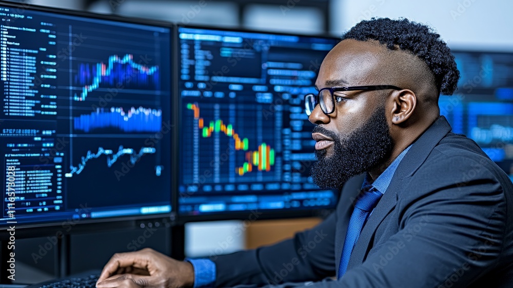 Poster focused analyst: a focused businessman with a determined look, analyzes data on multiple monitors, n