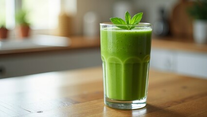 Vibrant green smoothie with a sprig of mint in a clear glass on a wooden kitchen table
