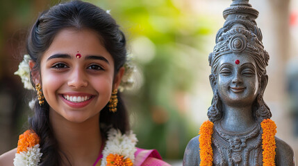 two  Indian girls with flowers and beautiful smile