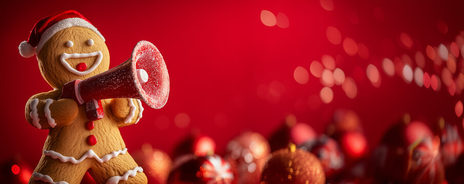 Merry Christmas gingerbread man holding megaphone notifying against vibrant red festive background banner with copy space.