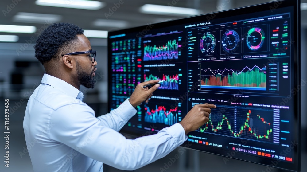 Poster data analyst at work: a focused and professional african american man intently examines a large scre