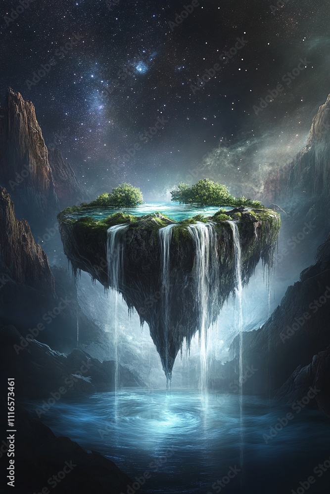 Aufkleber a floating island with cascading waterfalls spilling into an endless starry void.