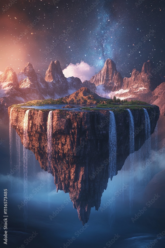 Aufkleber a floating island with cascading waterfalls spilling into an endless starry void.