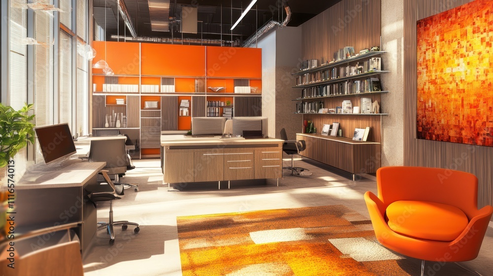 Wall mural Modern office interior design with orange accents, desks, chairs, shelving, and artwork.