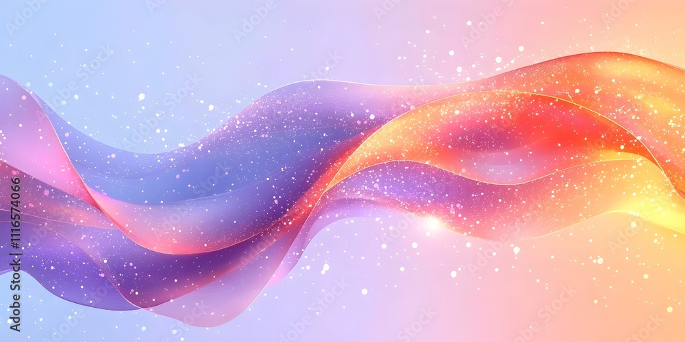 Poster an abstract wave of vibrant colors, blending shades of purple, orange, and pink with a soft ethereal