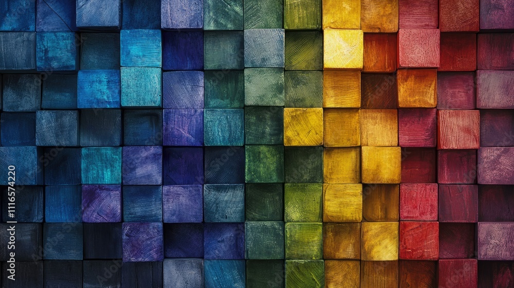 Poster a 3d wall of rainbow-colored wooden squares, each with a unique texture, creating a vibrant and play