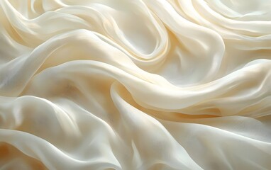 Fototapeta premium A close-up view of soft, flowing ivory silk fabric, showcasing delicate creases and a smooth texture, creating a serene and elegant atmosphere.