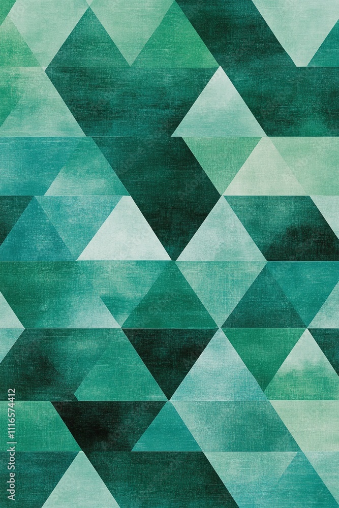 Poster a geometric pattern of overlapping triangles in shades of green and teal.