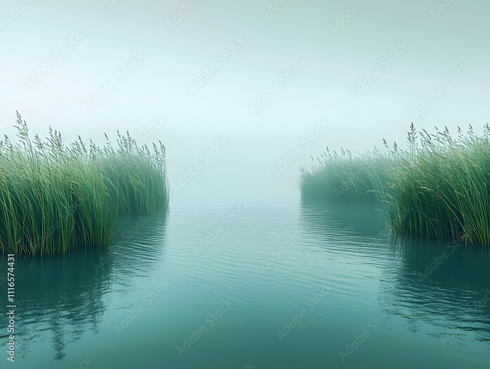 Poster a serene view of tranquil waters surrounded by lush, tall green reeds in a misty atmosphere, creatin
