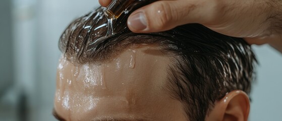 Naklejka premium Hair receives a nourishing treatment, reflecting self-care and the art of grooming in everyday rituals.