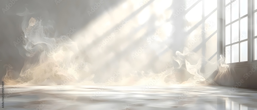 Poster a serene interior space illuminated by soft beams of sunlight, creating an ethereal atmosphere with 