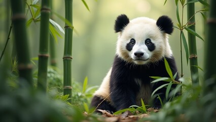 Fototapeta premium Charming panda surrounded by lush bamboo, symbol of endangered species conservation with ample copy space