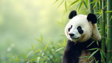 Obraz premium Adorable panda resting elegantly in bamboo grove, promoting endangered species awareness with open space for text