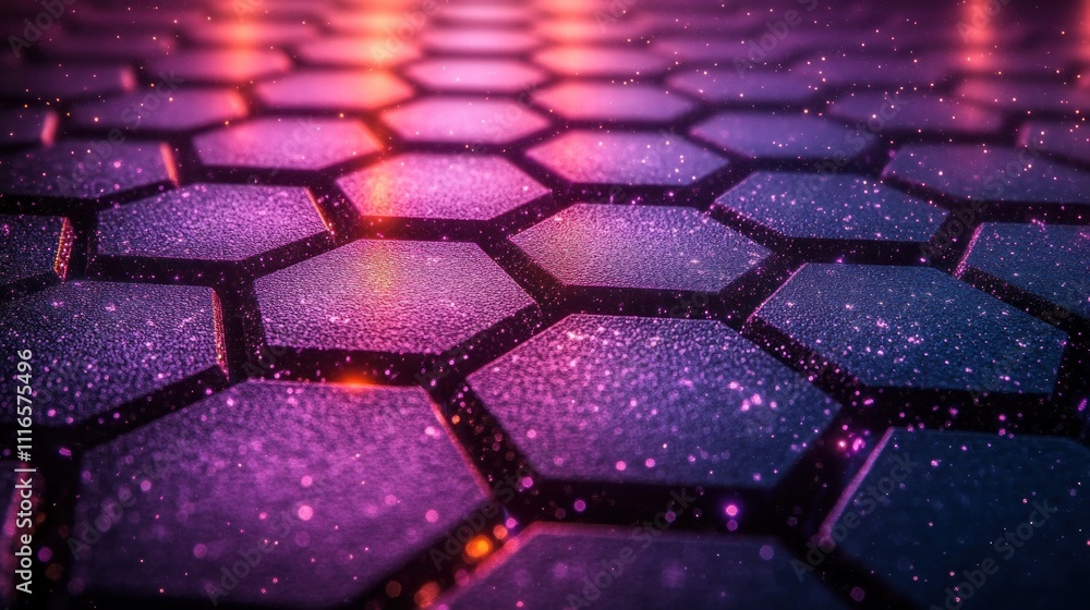 Poster abstract hexagonal grid with glowing particles.