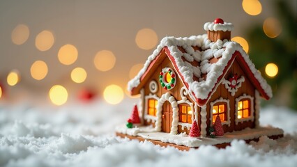 Naklejka premium A charming gingerbread house adorned with lights on a snowy night during the festive season