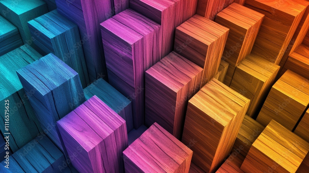 Poster abstract geometric composition of wooden cubes in vivid rainbow shades, creating a striking visual e