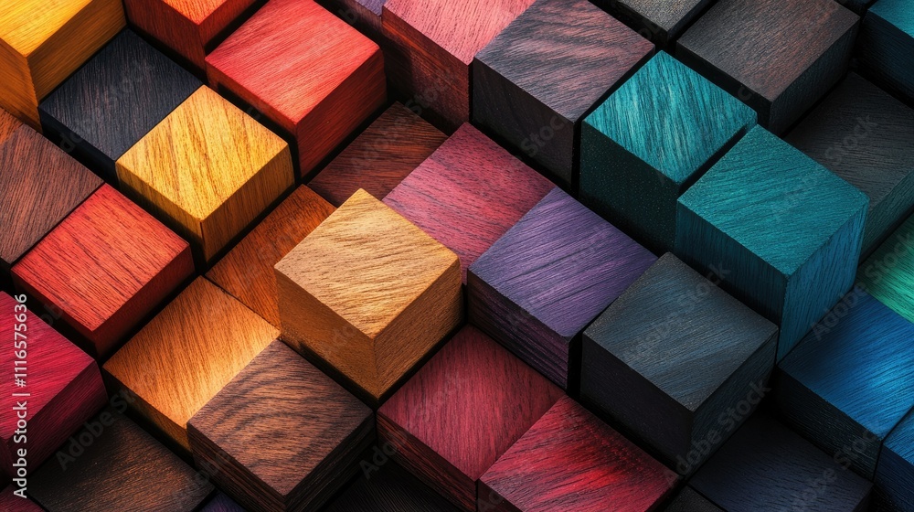 Poster abstract geometric composition of wooden cubes in vivid rainbow shades, creating a striking visual e