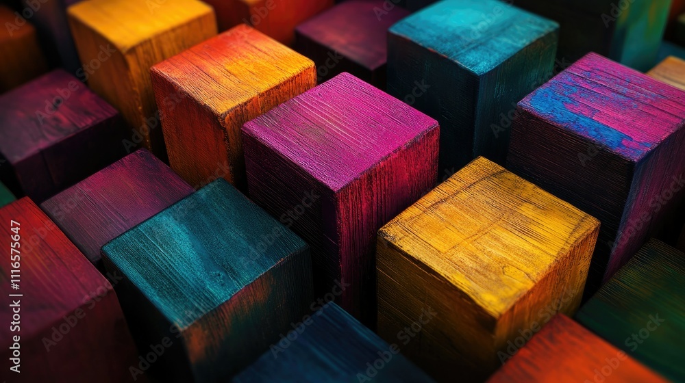 Poster abstract geometric composition of wooden cubes in vivid rainbow shades, creating a striking visual e