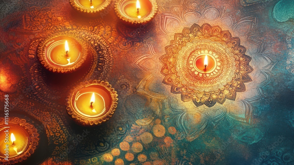 Poster illuminated diyas arranged on a patterned surface, creating a warm, festive atmosphere.