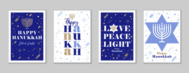 Happy Hanukkah 2025, creative greeting cards set. Vector concept for Hanukkah cover with traditional menorah candle, David stars and memphis style elements